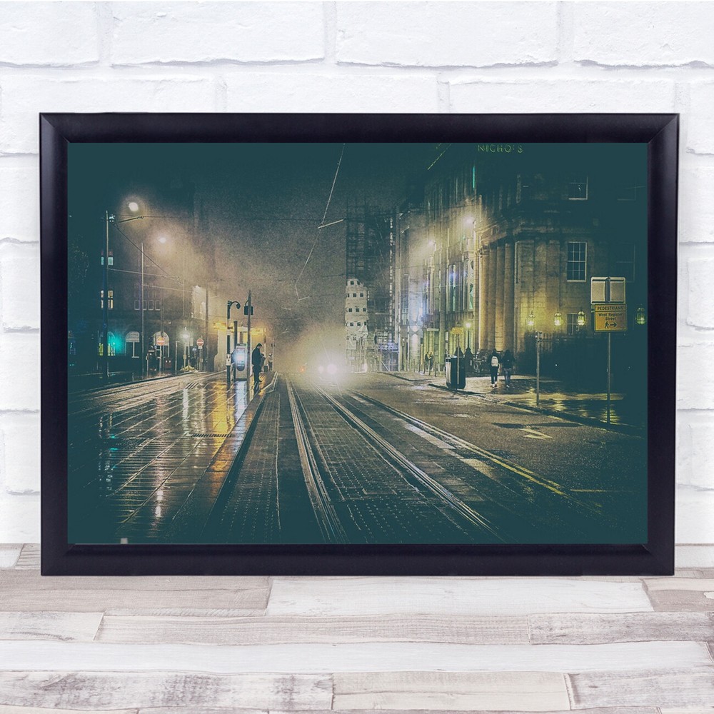 Street Night Winter Fog Trams Edinburgh Scotland A Long Wall Art Print