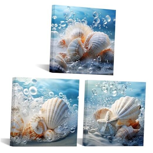 3 Piece Seashell Wall Art Decor Blue Beach Theme Canvas Prints Coastal Ocean