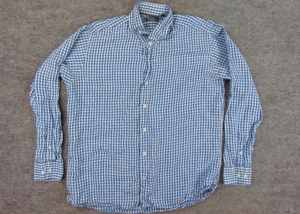 Saks Fifth Avenue Shirt Mens XL Blue White Gingham Check Linen Long Sleeve