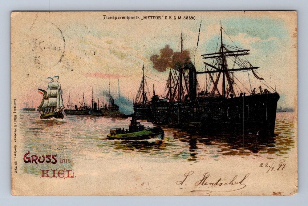 Gruss Aus Kiel Germany Ships Hold To Light Htl Postcard 1899
