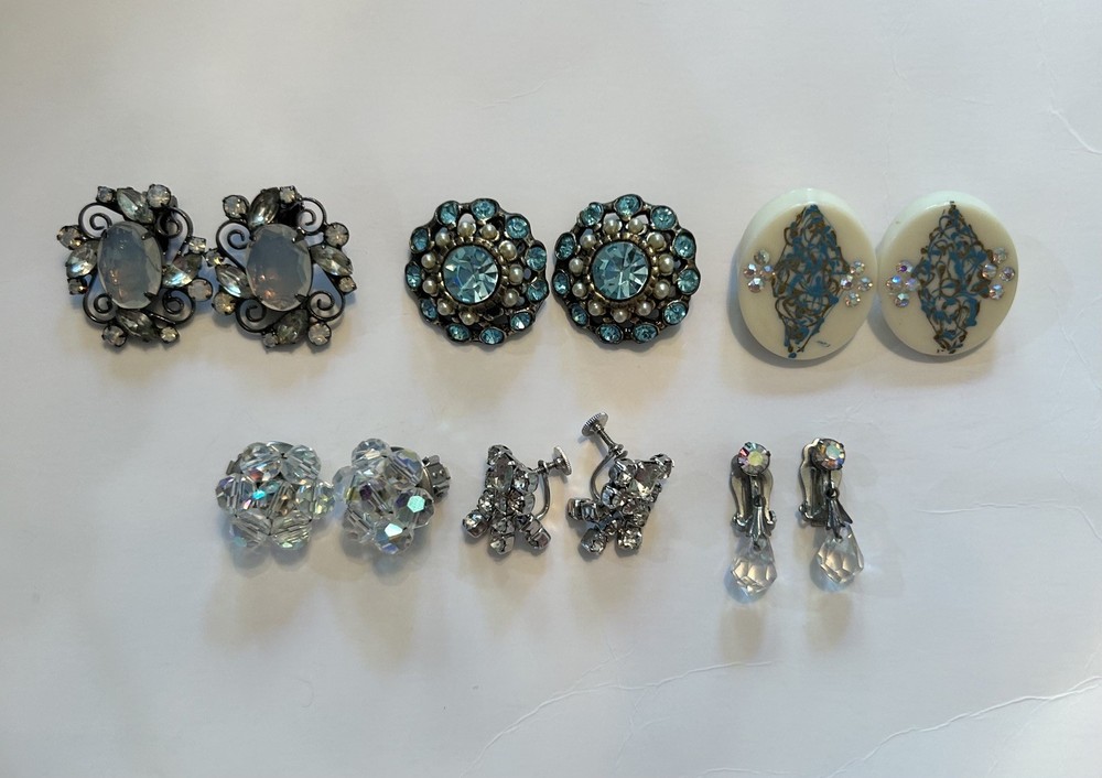 Lot of 6 Vintage Costume Earrings Rhinestone, Crystals! Clip on & Screw Back
