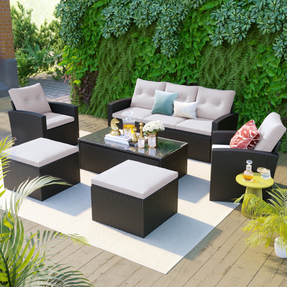 6-piece All-Weather Wicker PE Rattan Patio Outdoor Dining Set with Coffee Table