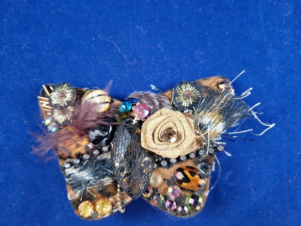 Vtg 1990's Handmade BUTTERFLY Brooch Hair Clip Faux Fur Rhinestone Look *5-B