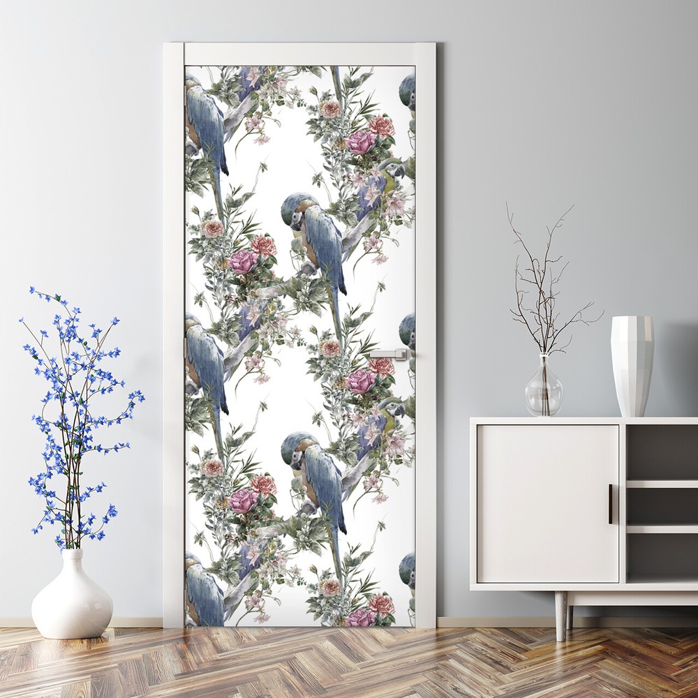 Tropical parrot and flower bubble-free blue white door sticker
