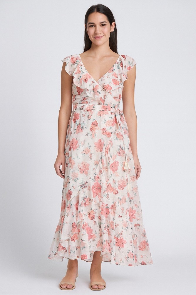 Women’s White Pink Floral Ruffle Maxi Dress Summer Boho Wedding Guest Size M