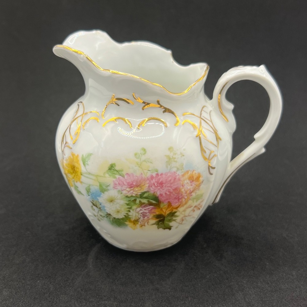 Antique Carl Tielsch Altwasser Creamer Pitcher CT Germany Floral Porcelain Gold