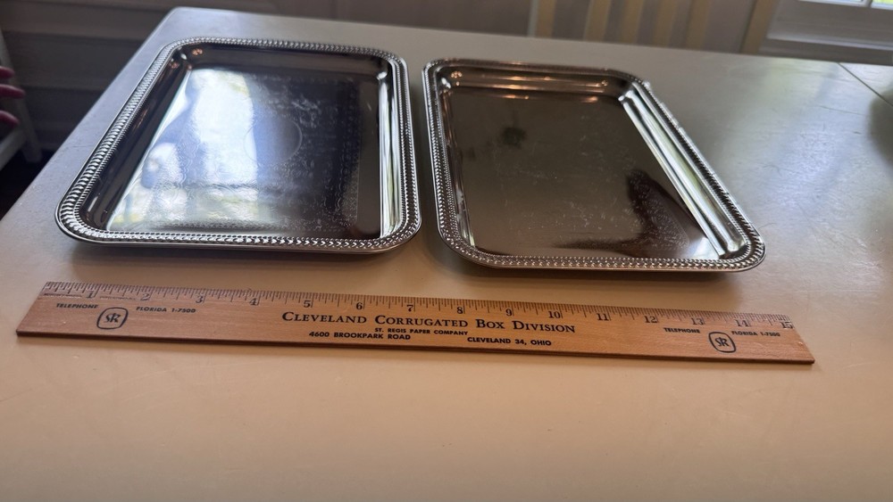 Pair of Vintage Silver Metal Rectangular Serving Trays - Beaded Edge