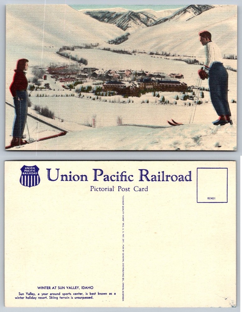 Vintage Sun Valley Idaho Postcard Union Pacific Railroad Skiing Winter Scene