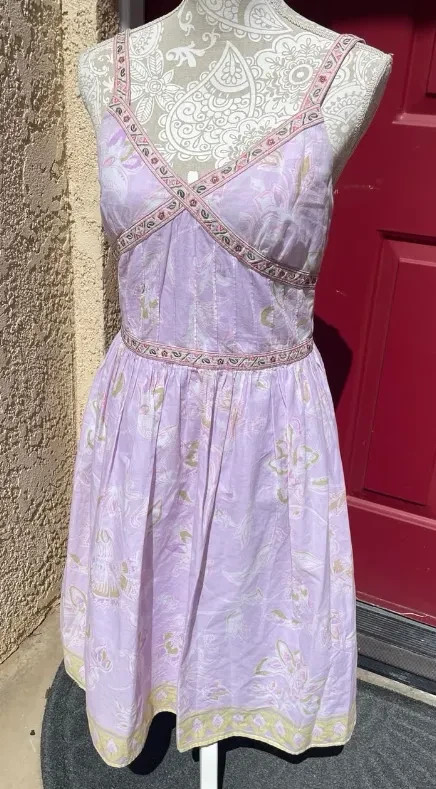 READ! Vintage 90s Lilac Soft Floral Ornate Trim Empire-Waist Flared Mini Dress