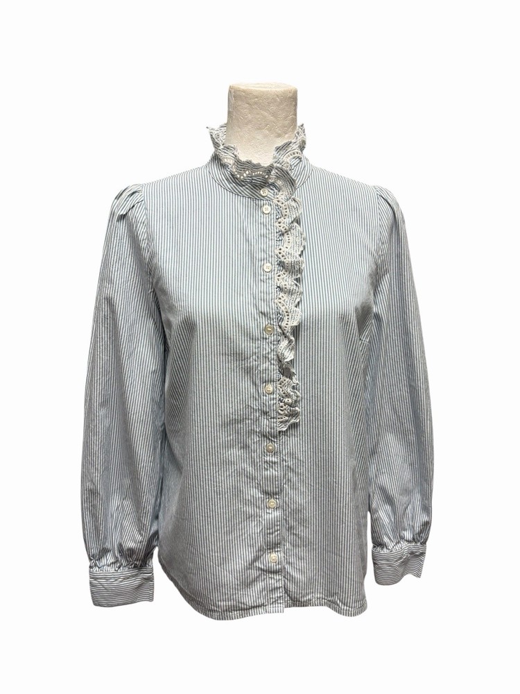 Sezane Chlo Shirt Blue Stripe Lace Ruffle Shirt High Neck Cotton EU 38 US 6