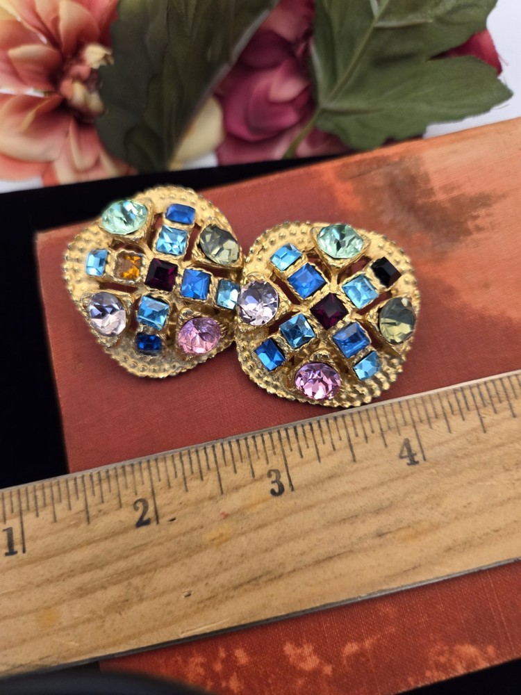 Vintage Rhinestone Earrings Multi-Color Crystal Clip On Gold Chunky Big Bold 80'