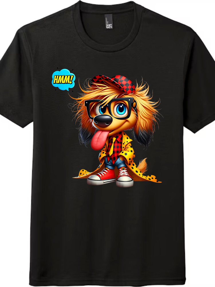 Cute Dog in Trench Coat Tee | Plaid & Glasses Graphic, Unisex Casual T-Shirt
