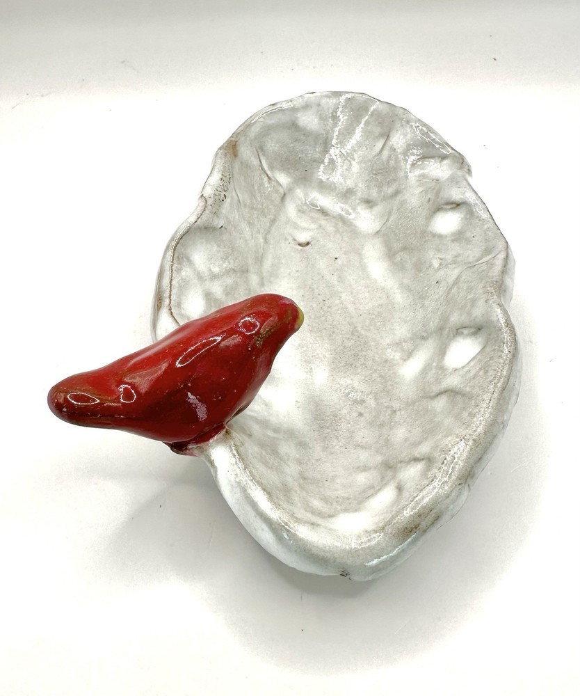 Handmade Dixie Art Pottery trinket dish red bird perched on glossy white