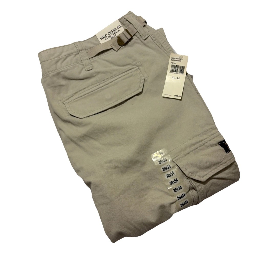 NWT Polo Jeans Co Ralph Lauren Cargo Twill Pants Men 36x34 Beige Military Y2K