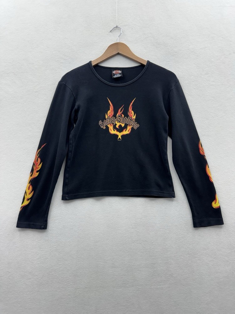 Y2K Harley Davidson Women’s Large Long Sleeve Shirt Flames Graphics 2000s VTG
