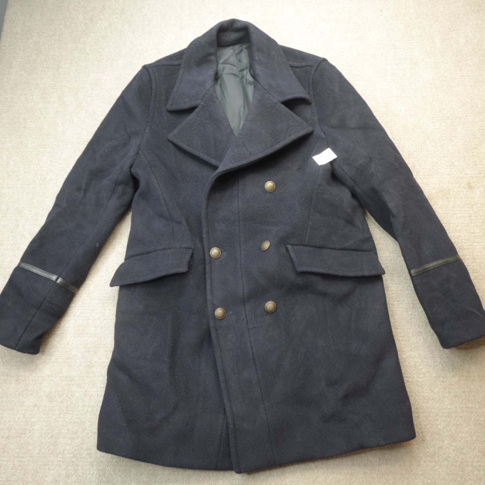 The Kooples 38 Blue Pea Coat Wool Blend Leather Trim Double Breasted