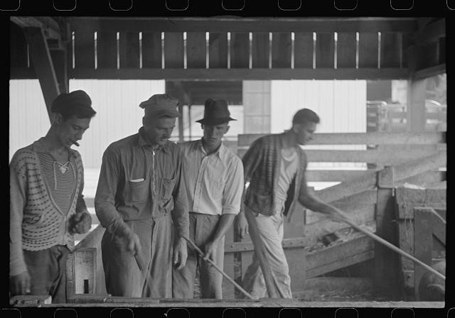 Photo:1930s Men at Work in Covered Structure Industrial Labor Print