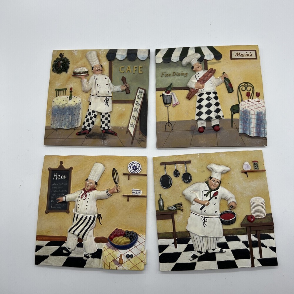 Set of 4 Chef Italian Resin 3D Wall Hanging Kitchen Decorative Decor Tiles