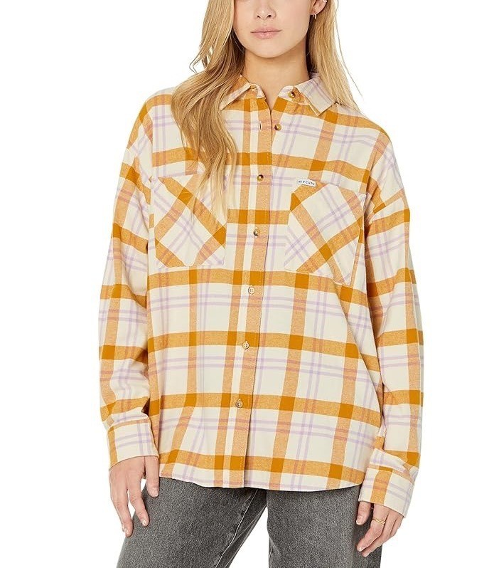 RIP CURL Sunday Flannel Shirt Sz M Orange Cream Purple Plaid Button 100% Cotton