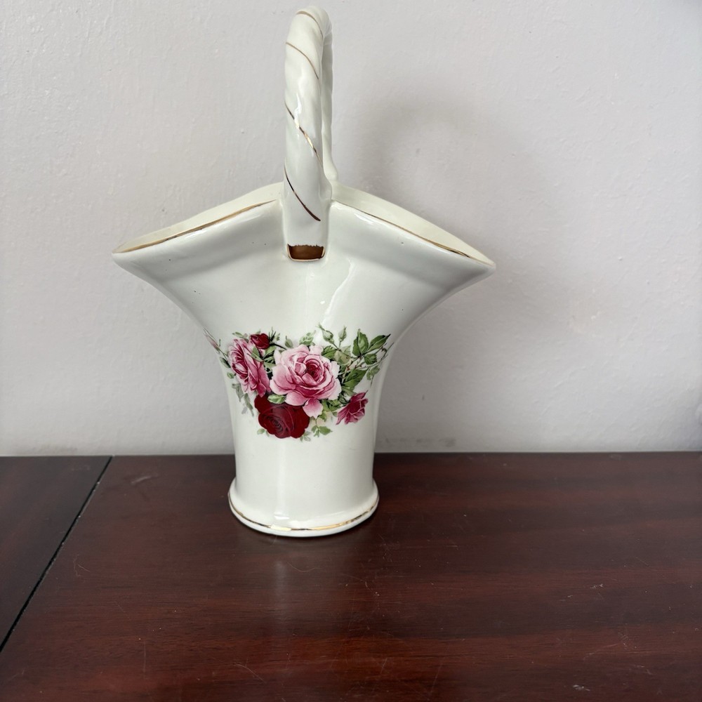 Basket Vase -Unbranded - White W/ Floral Print - Gold Rimmed Trim - See Descr