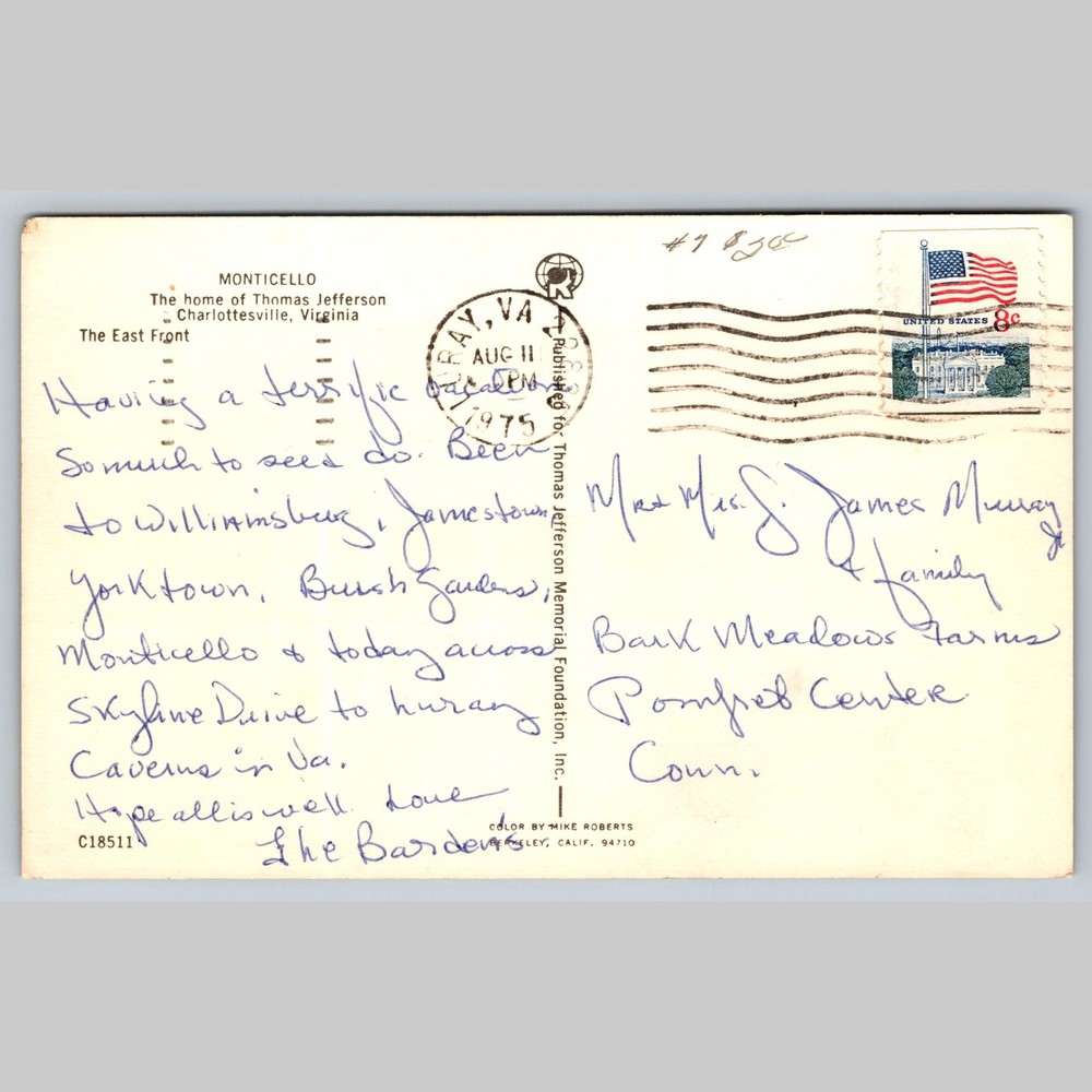Postcard Monticello Home of Thomas Jefferson Charlottesville VA