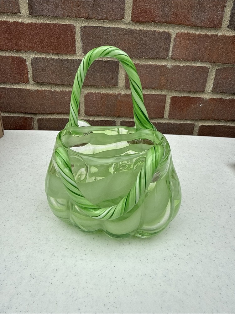 Vintage Murano Green Marble Candy Swirl Art Glass Purse Vase