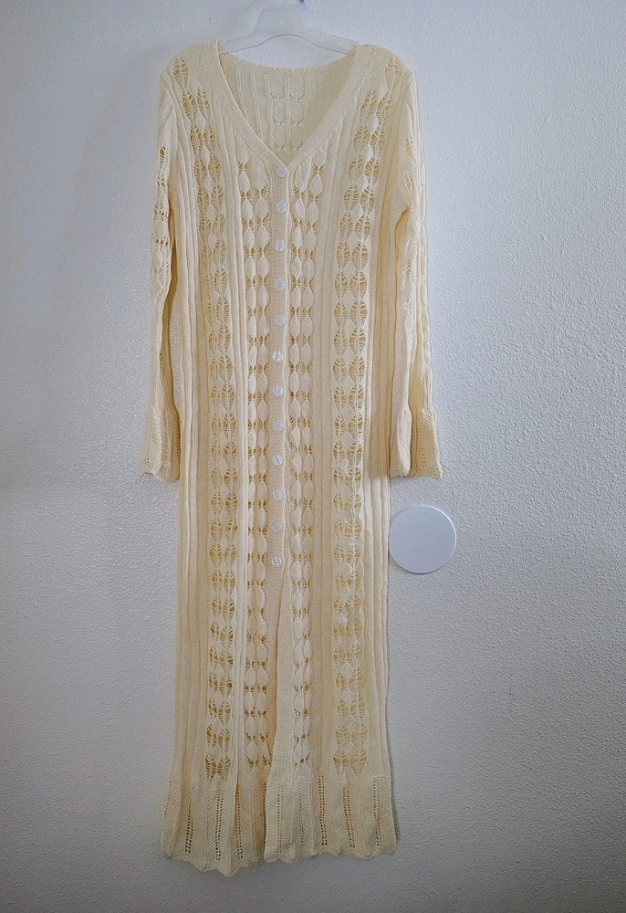 Vintage Cream Knit Lace Button Front Maxi Dress XL Fits M/L