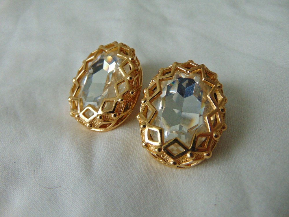 Chr Dior Signed Large Clear Crystal Clip-On Earrings