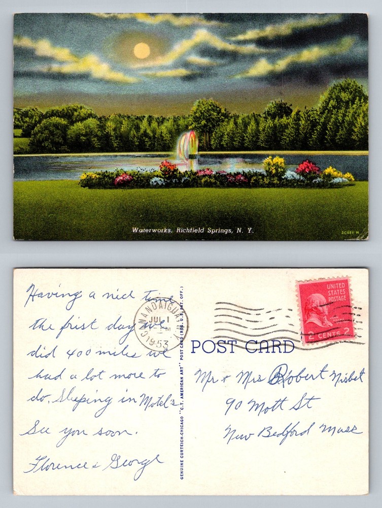 Richfield Springs, NY-New York, Waterworks Fountain Night Vintage c1953 Postcard