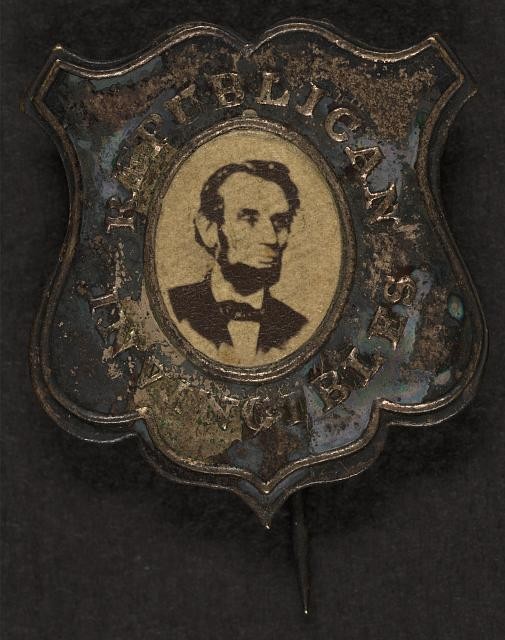 Photo of campaign button,Republican,Abraham Lincoln,presidential election,1864