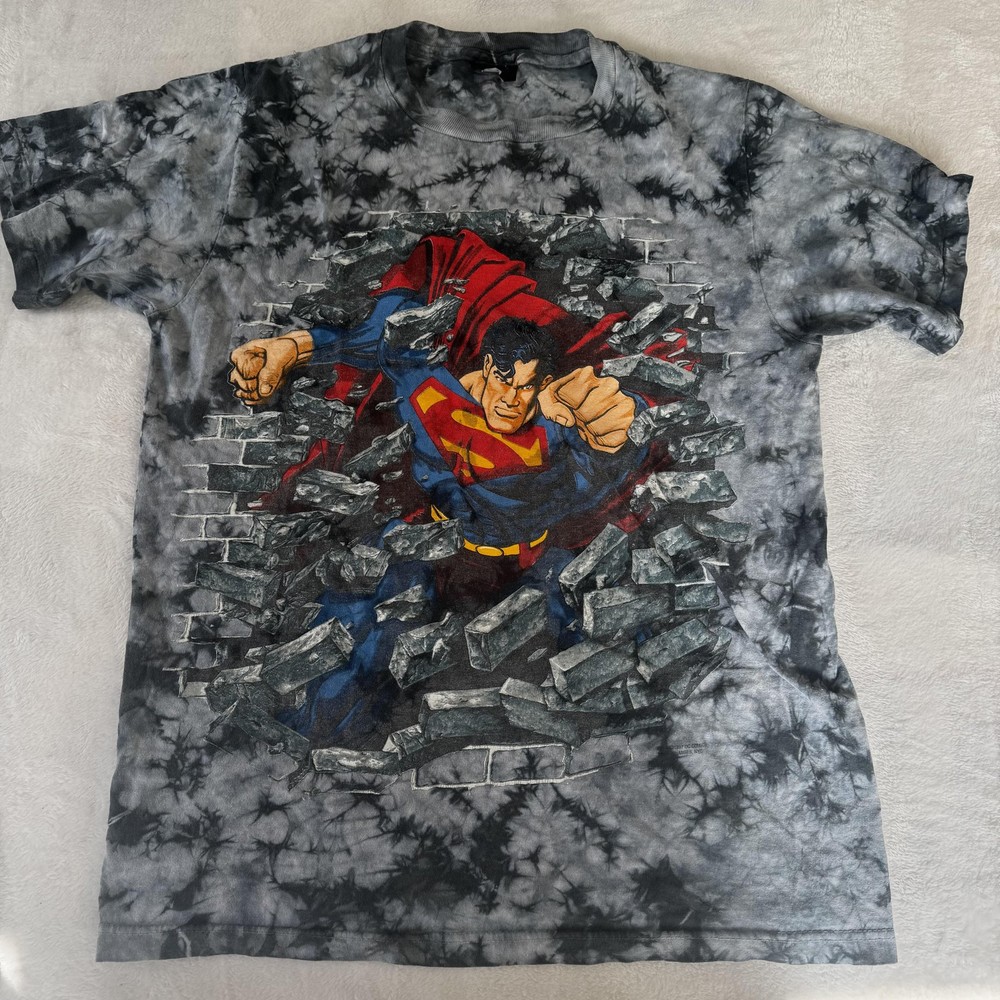 Vintage DC Comics Superman Shirt Mens Large Gray Black Tie Dye Graphic T-Shirt