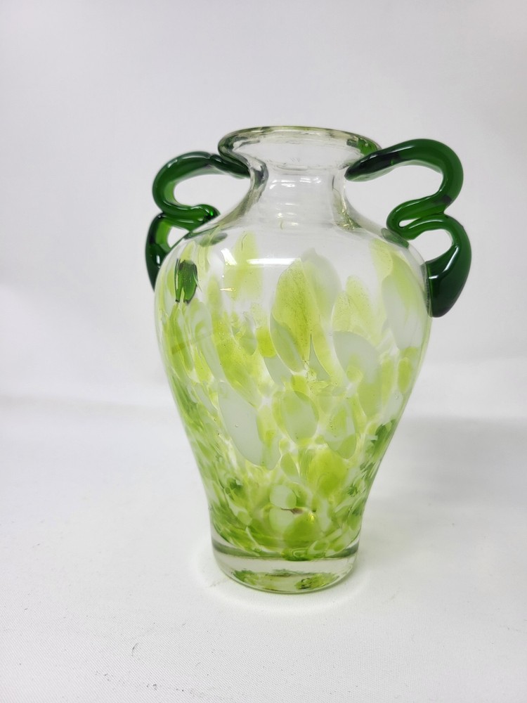 VTG. Murano Glass 2 Twisted Double Handle Vase Green Splatter