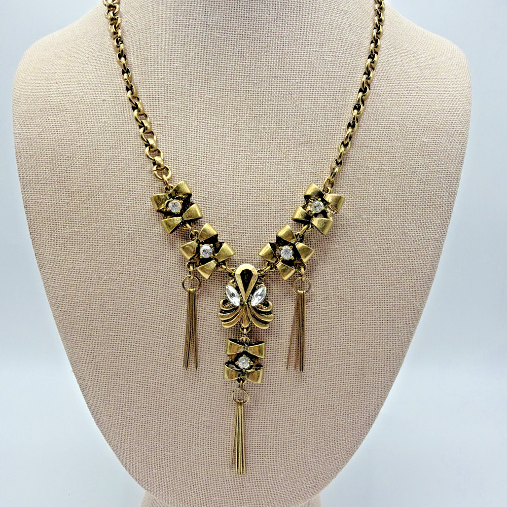 Vintage Gold Toned Statement Pendant Drop Necklace Rhinestones Metallic Bars