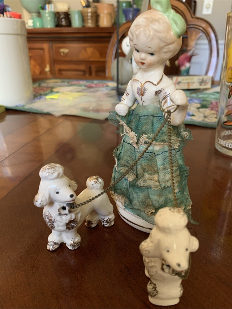 Vintage Lipper & Mann Stiffened Lace Girl NO Parasol, Poodles Japan Figurine