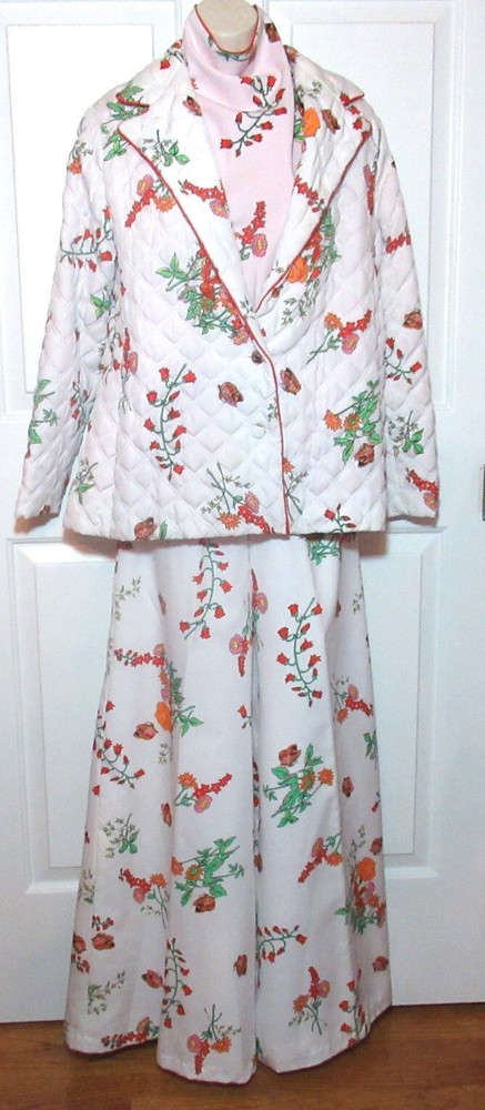 Vtg 80s Christian Dior 3pc Set Womens 14 Quilted Floral Jacket Pants Halter Top