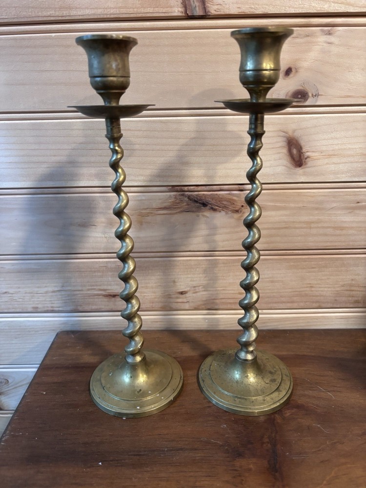 Pair Vintage Brass Barley Twist Candle Sticks Holders 10.5