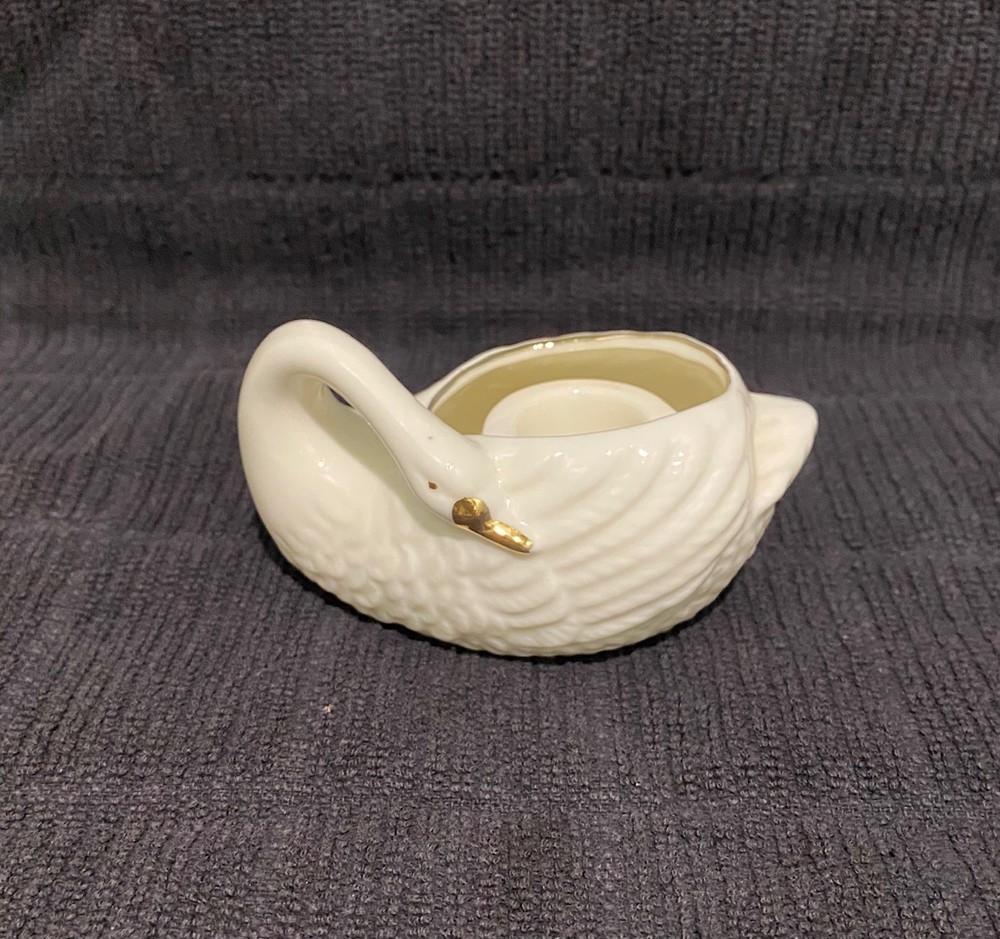 Vintage Off White Gold Swan Taper Candle Holder Taiwan Porcelain 90s Decor