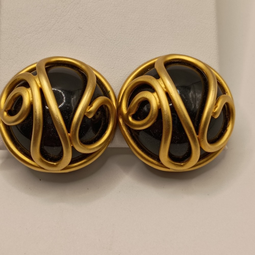 Vintage 80s Gold Cage Clip On Earrings Black Cabochon Matte Swirl Statement