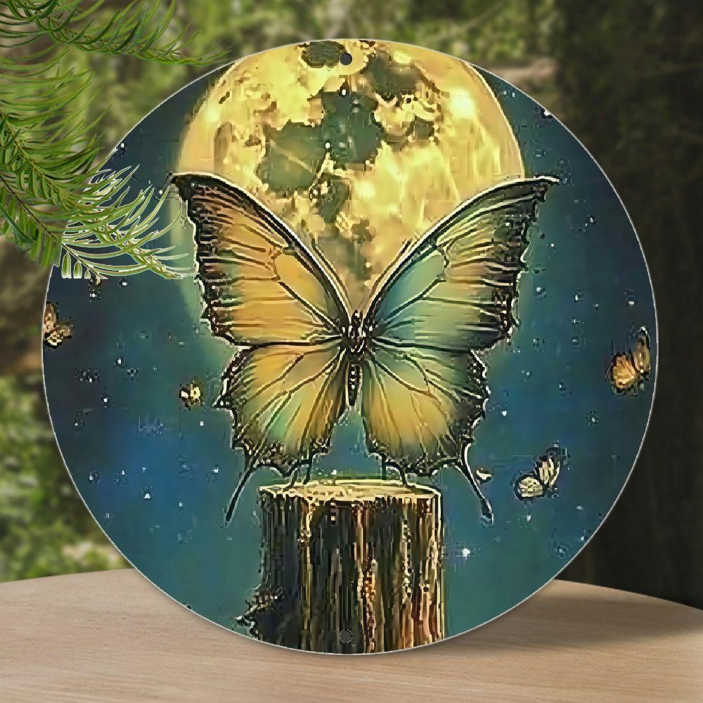 Vintage Moonlight Starry Night Round Aluminum Wall Art Floral Decor