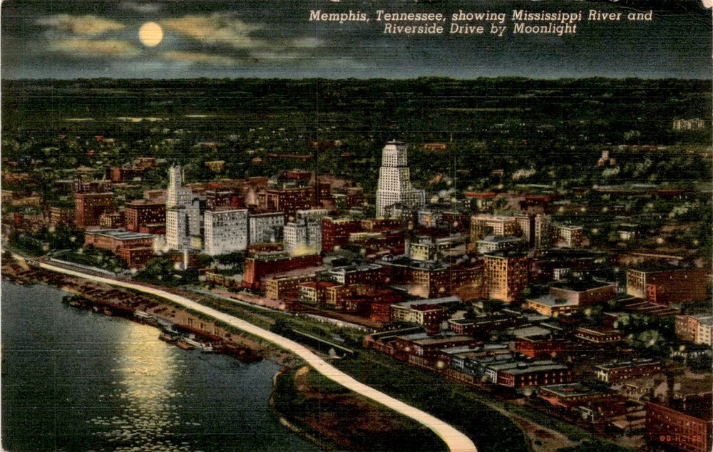 Memphis, Tennessee, Mississippi River, Riverside Drive, Moonlight, Postcard