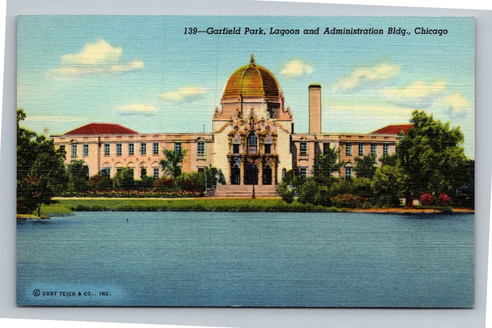 Garfield Park Lagoon Administration Bldg Chicago Illinois Linen Postcard