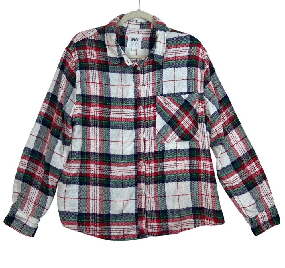 Aerie Shirt  Women’s L Flannel Plaid Button-Up Red Green White Christmas Casual