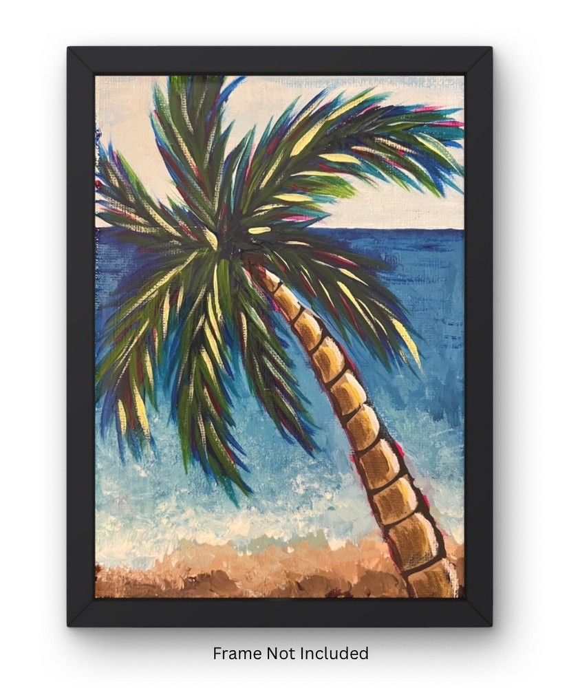 5x7” Abstract Tropical Art Palm Tree By Ocean Acrylic Canvas Signed Original-image