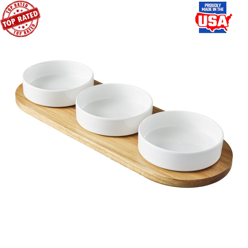 Acacia Wood Tray for Condiment and Stoneware Bowl 19.69 x 7.28 x 2.17 in US-image