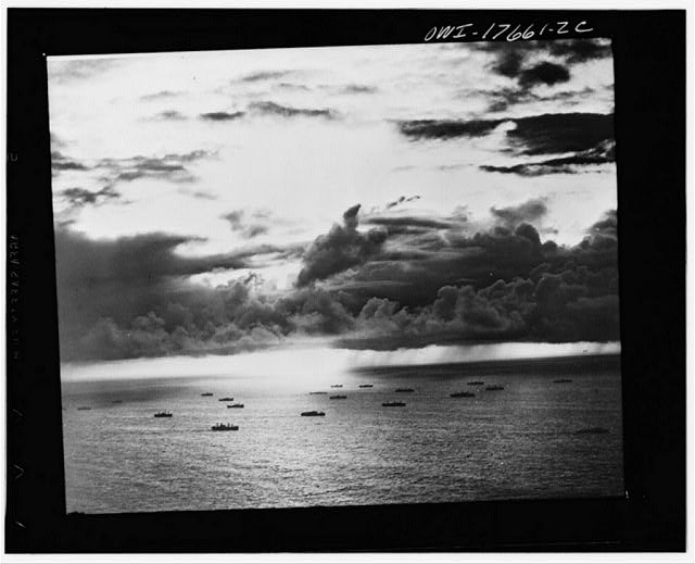 Photo:Pacific Ocean Navy Ships 1940s Fleet at Sea Cloudy Sky Aerial View