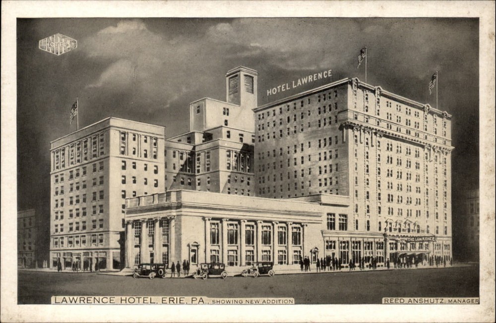 Erie Pennsylvania Lawrence Hotel antique cars Lumitone unused vintage postcard