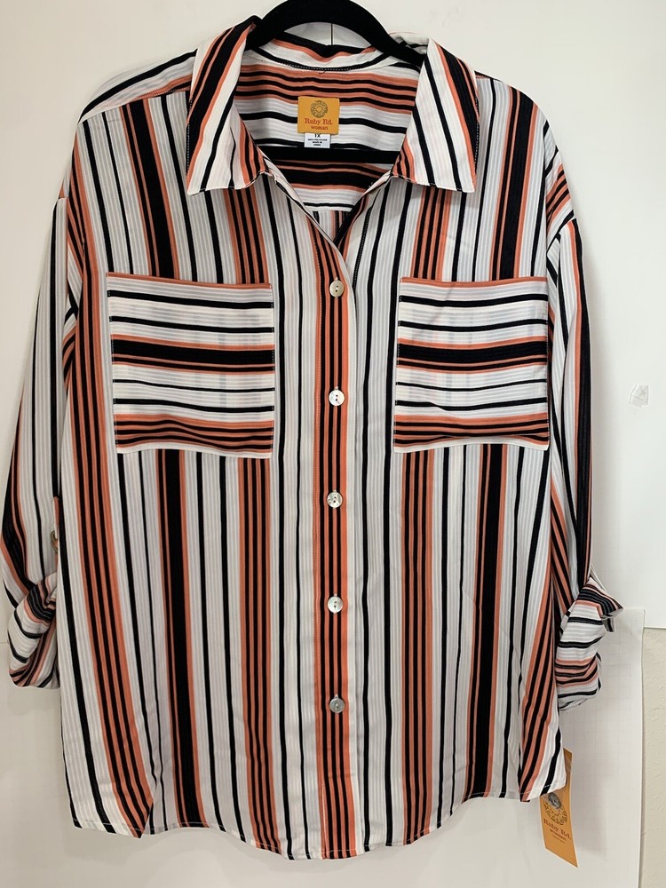 Ruby Rd. Women’s Size 1X Stripe Print Point Collar 3/4 Roll Tab Sleeve Top NWT