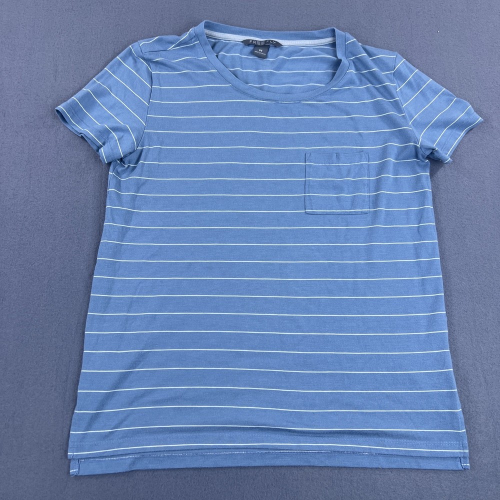 Free Fly Pocket T Shirt Men’s Medium Blue White Stripe Crew Neck Viscose Bamboo