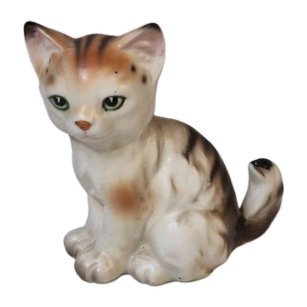 Lefton Cat Kitten Figurine Tabby Tiger Stripe Green Eyes Seated Vintage READ