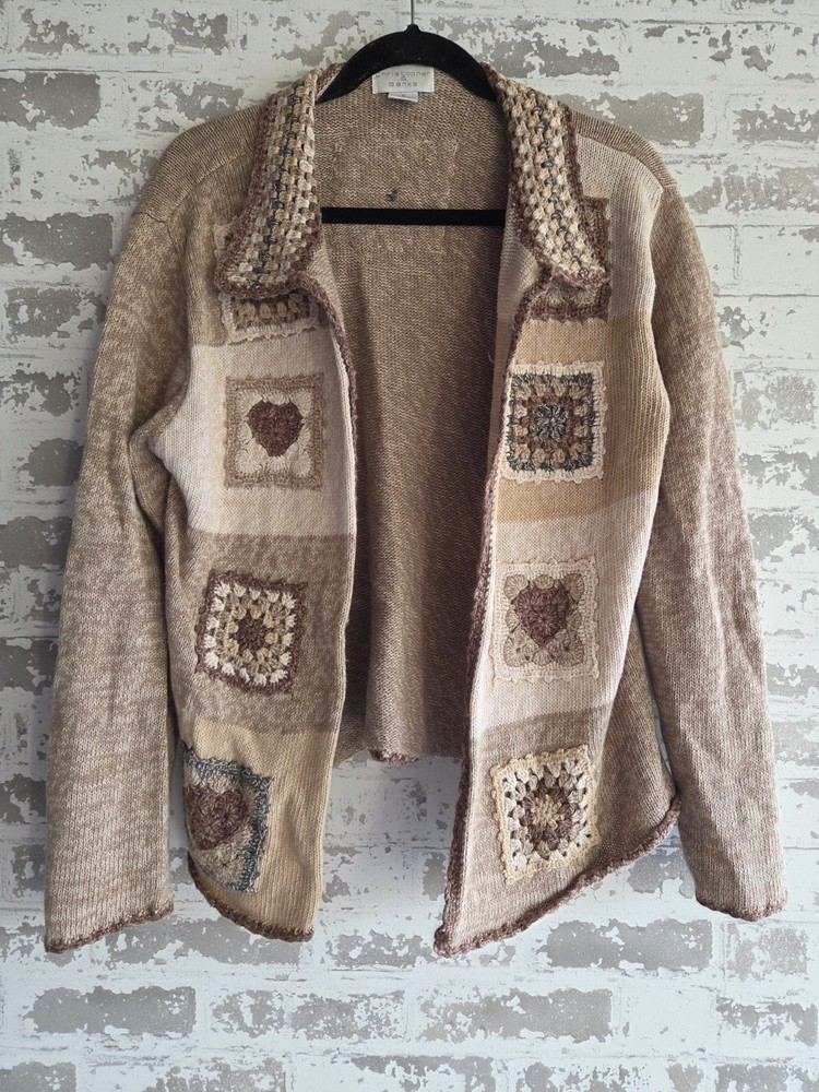 Vintage Christopher & Banks Granny Square Crochet Cardigan Heart Sweater Medium
